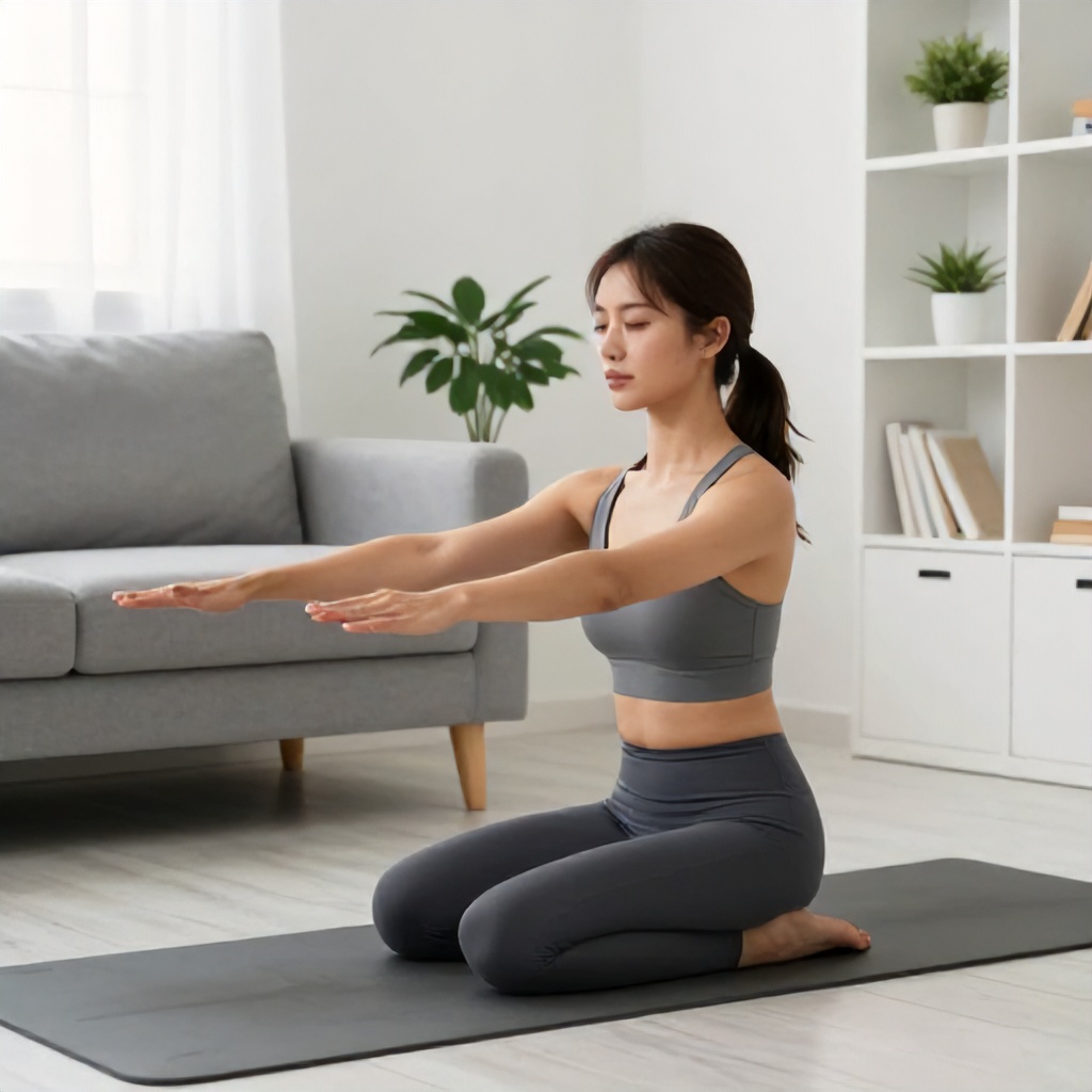 A woman in athletic wear is performing a seated hamstring stretch on a yoga mat in a brightly lit living room. The space is decorated with a grey sofa, a potted plant, and white shelving units, creating a calm and minimalist atmosphere. The overall mood is focused and peaceful, highlighting a healthy home workout routine.