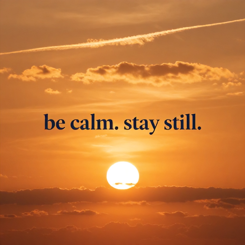 A vibrant sunset fills the sky with deep shades of orange and gold, featuring a bright, round sun centered between horizontal layers of clouds. Wisps of clouds and a subtle contrail stretch across the warm-toned background, creating a serene and meditative atmosphere. Overlaying the center of the image is the phrase "be calm. stay still." written in a dark blue serif font.