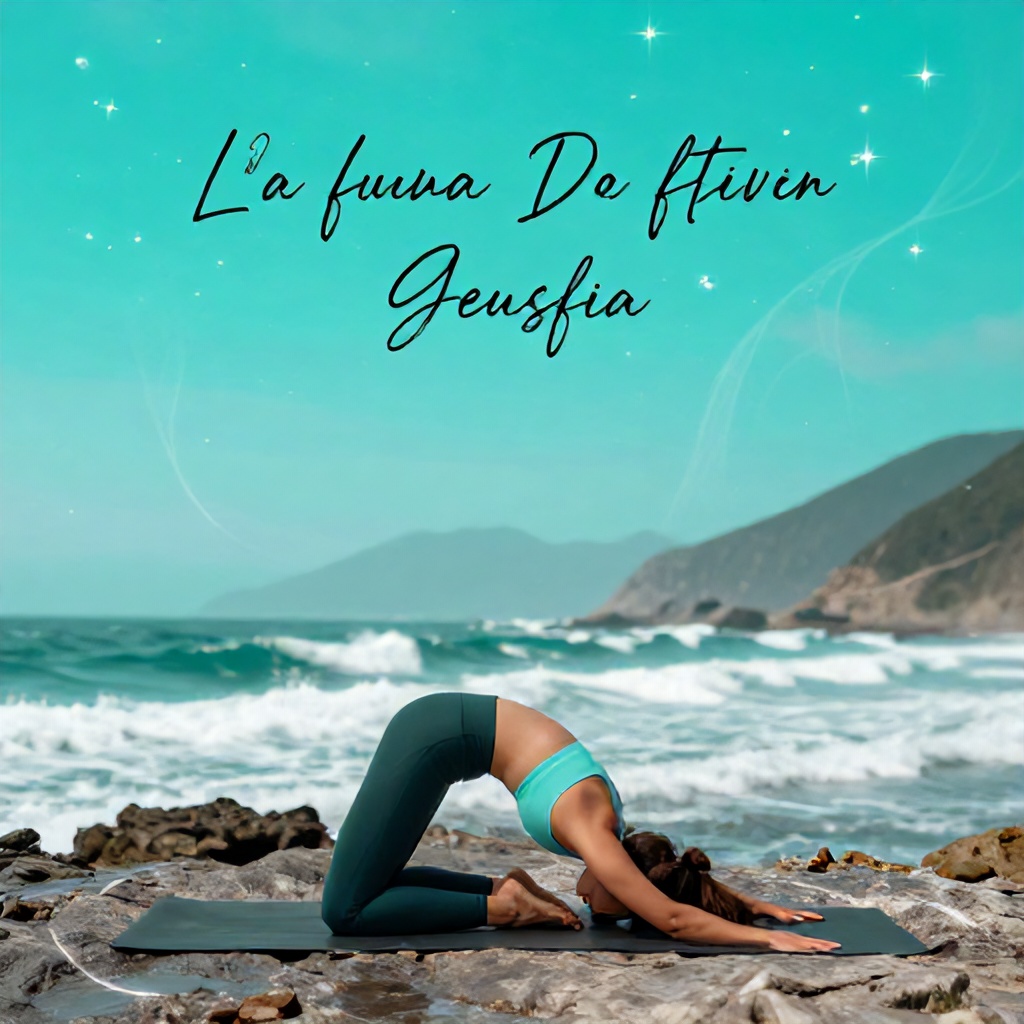 A digital graphic depicts a woman in athletic wear performing a yoga pose on a mat along a rocky coastline. She is positioned in profile against a backdrop of white-capped ocean waves and a misty mountain. The scene is centered on a vibrant teal background decorated with starry specks and ethereal light patterns, with handwritten-style text at the top naming the exercise.