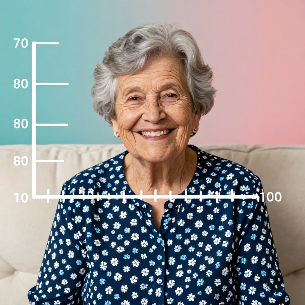 An elderly woman with short grey hair and a broad, warm smile is seated on a light-colored sofa. She wears a dark blue blouse patterned with small white and light blue flowers. The background features a subtle gradient, transitioning from a teal hue on the left to a warm pink on the right. A prominent white line with numerical markers (70, 80, 100) is overlaid across the scene, creating a cheerful and informative visual.