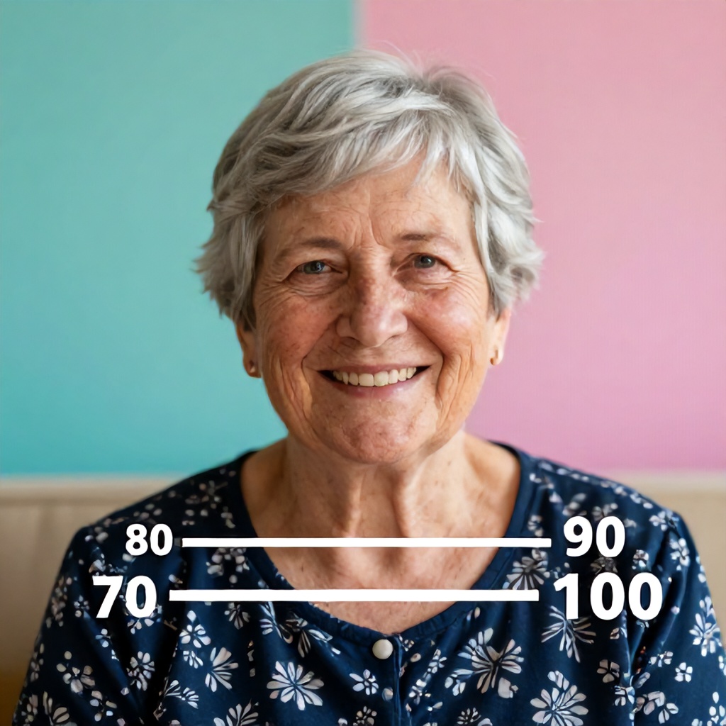 The image portrays an older individual with short grey hair, smiling warmly and looking directly at the viewer. They are seated, wearing a dark blue top adorned with a light floral pattern. The background is softly blurred with a split-tone gradient, transitioning from teal on the left to pink on the right. A prominent white graphic overlay featuring a horizontal line with numerical markers "70," "80," "90," and "100" adds an informational layer to the otherwise bright and cheerful scene.