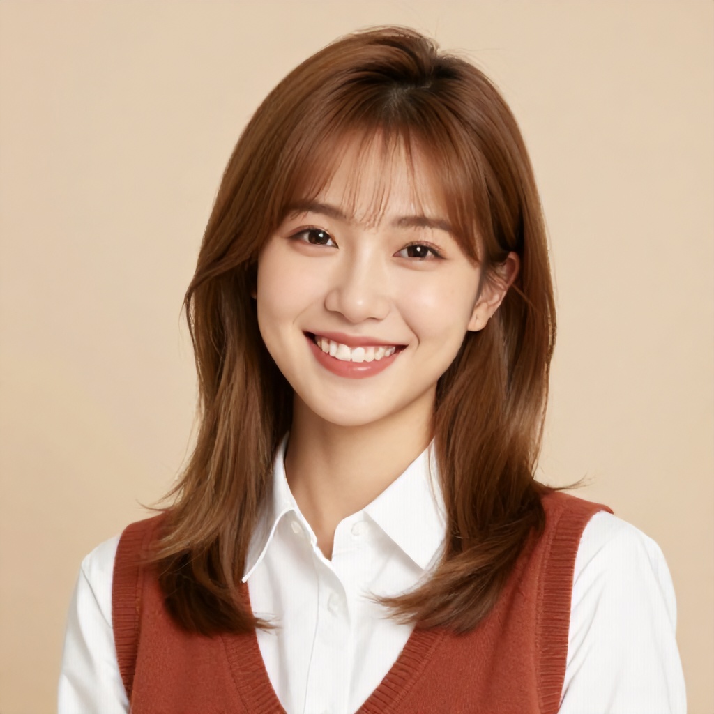 This is a warm portrait of a young woman with shoulder-length light brown hair. She is smiling broadly and wearing a white collared shirt layered over a reddish-brown top. The background is a plain, soft beige, creating a clean and bright aesthetic. The overall mood of the image is friendly and approachable.