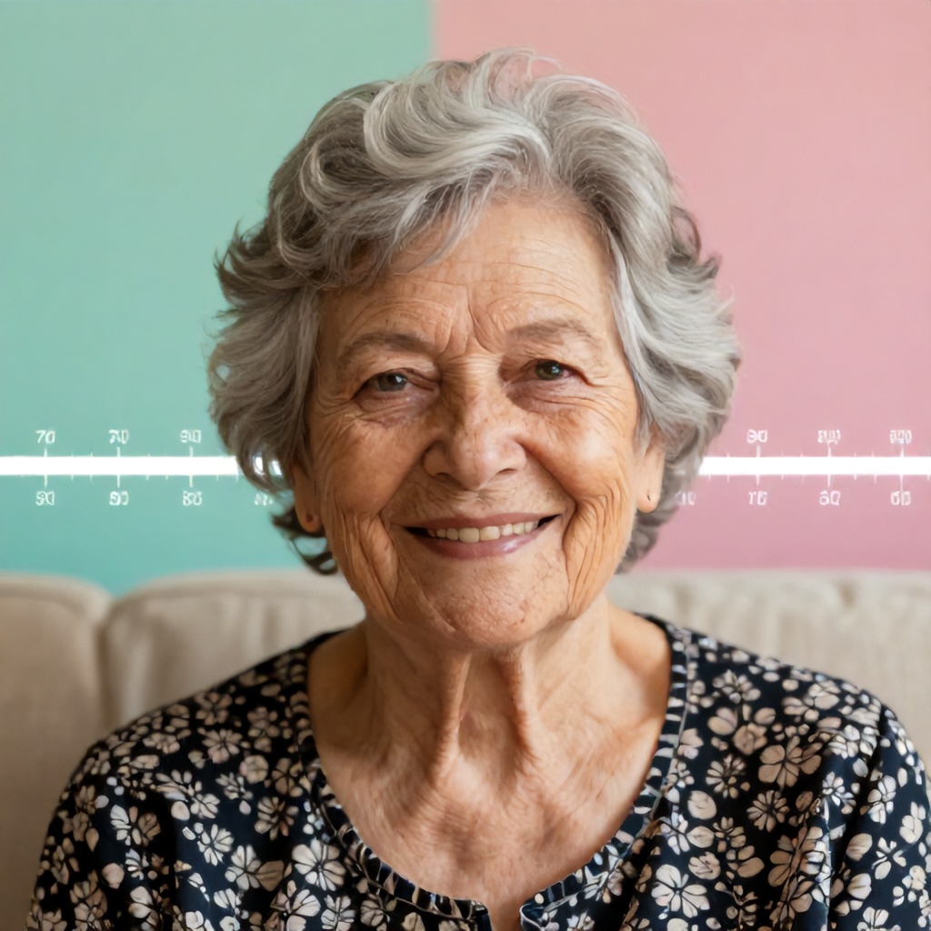 An elderly woman with a cheerful expression and short, grey hair is featured prominently, looking towards the viewer. She wears a dark top with a light floral pattern and is seated, with a portion of a light-toned sofa visible. The softly blurred background transitions from a teal-green on the left to a warm pink on the right, overlaid with a white horizontal graphic displaying numerical markers like 70, 80, and 100. The image conveys a bright and positive mood.