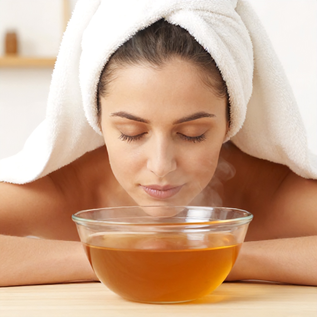 A woman with her eyes closed leans over a glass bowl filled with a warm, amber-colored herbal infusion. She has a white towel draped over her head to trap the rising steam as part of a facial treatment. The scene is set in a softly lit, neutral-toned indoor environment, conveying a sense of calm and self-care.