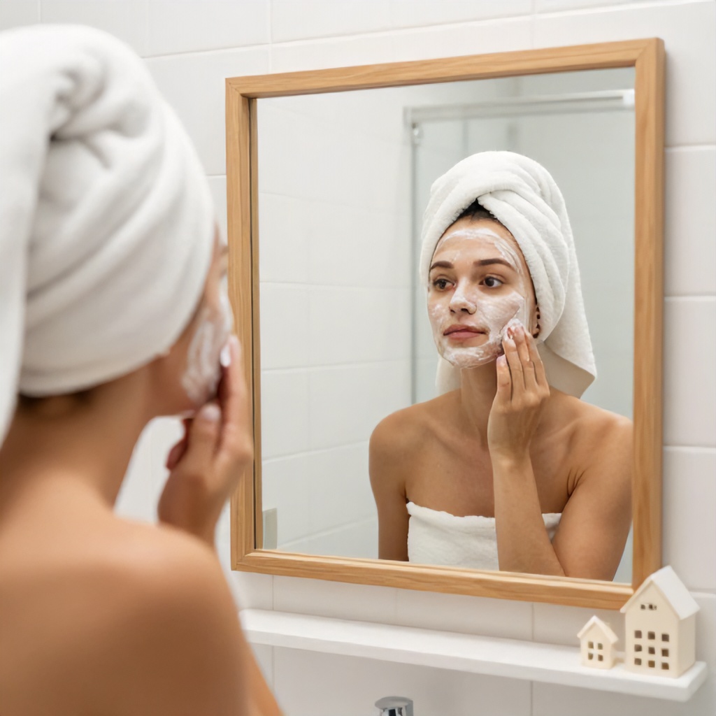 A person with a towel wrapped around their head gently applies a scrub to their face while looking into a wooden-framed mirror. The bathroom setting features white tiled walls and a minimalist aesthetic with small house-shaped decorative items placed on the vanity shelf. The atmosphere is calm, clean, and focused on personal skincare.