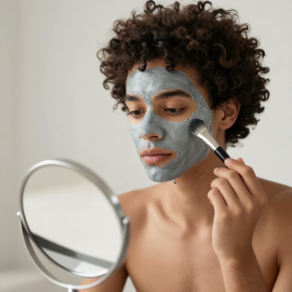 A young person with curly hair is shown applying a gray facial mask using a cosmetic brush. They are looking down towards a small, circular table mirror positioned in the foreground. The overall composition features soft, natural lighting and a minimalist aesthetic with neutral, muted tones.
