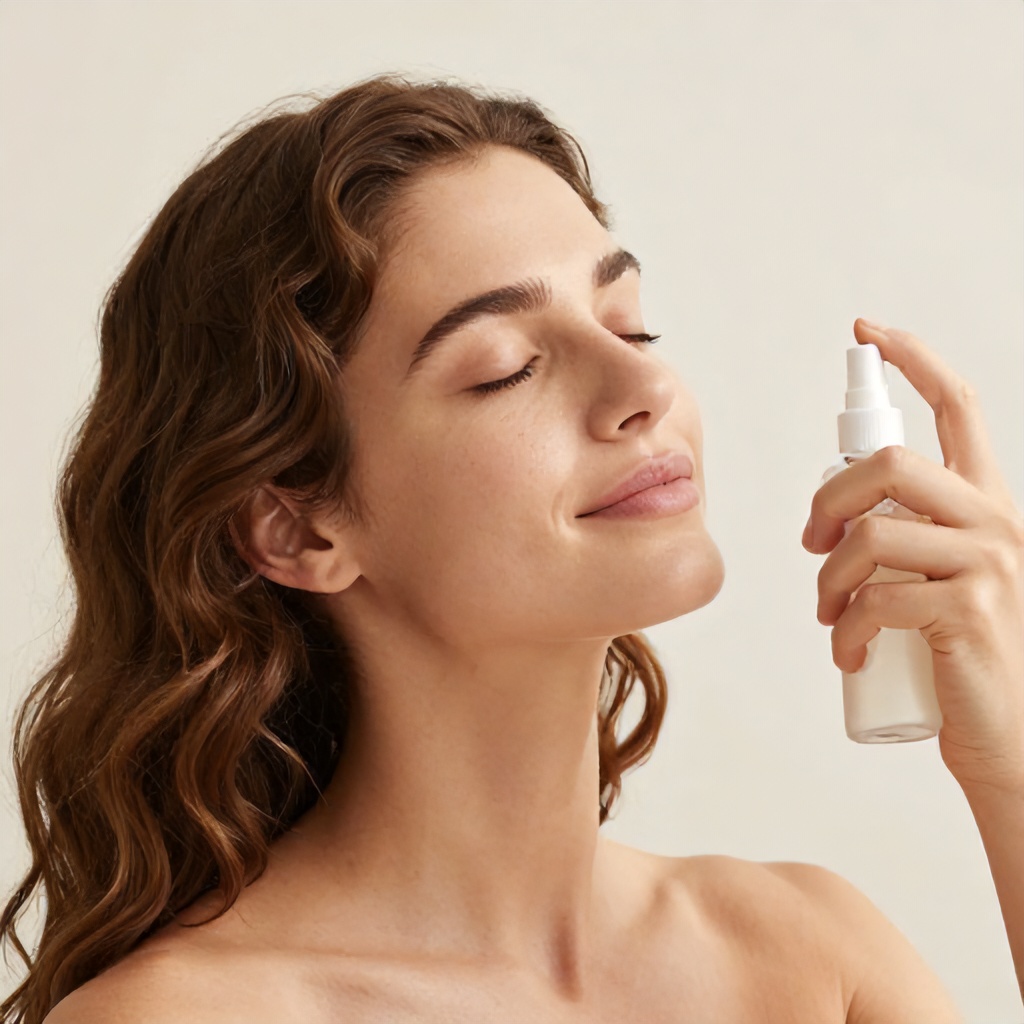 A woman with long, wavy brown hair closes her eyes in relaxation while holding a spray bottle near her face. The scene captures a soft, serene moment of self-care against a bright, neutral background. The lighting is gentle and flattering, emphasizing a fresh, natural aesthetic.