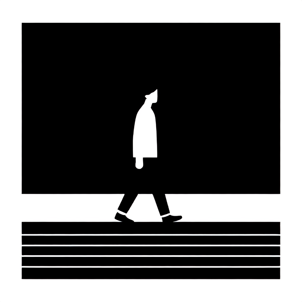 A minimalist graphic design features a black-and-white illustration of a person walking across a dark, striped surface. The figure is depicted in a flat, stylized manner, creating a sharp contrast against the plain, solid background. The overall composition is simple and geometric, conveying a sense of quiet movement or contemplative isolation.