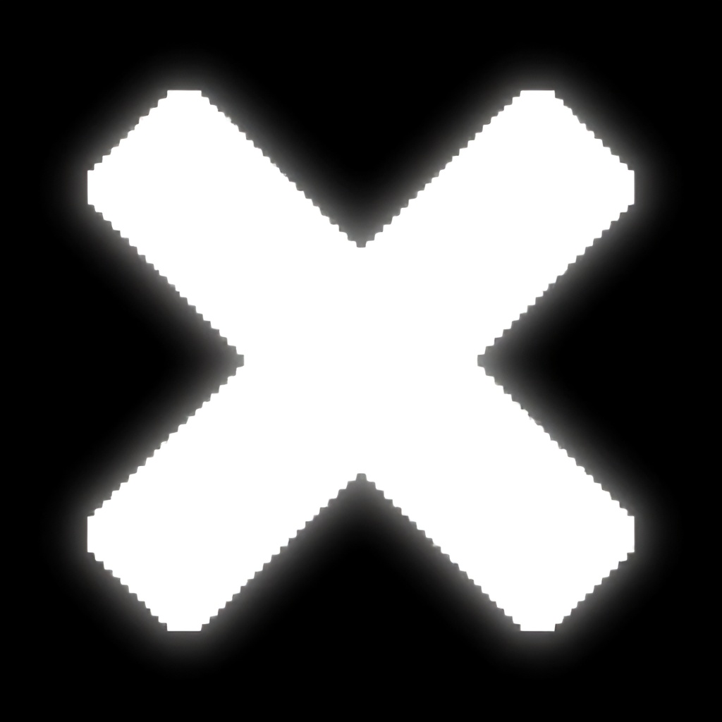 A bright white, pixelated "X" shape is centered against a solid black background. The edges of the symbol appear slightly blurred, creating a soft, glowing effect.