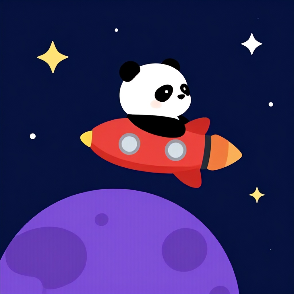 A whimsical, flat-style illustration depicts a cartoon panda piloting a small red rocket through a star-filled night sky. Below the rocket, a large, stylized purple planet with visible surface patterns anchors the composition. The overall aesthetic is playful and vibrant, featuring a dark blue backdrop punctuated by simple shapes and bright accent colors.