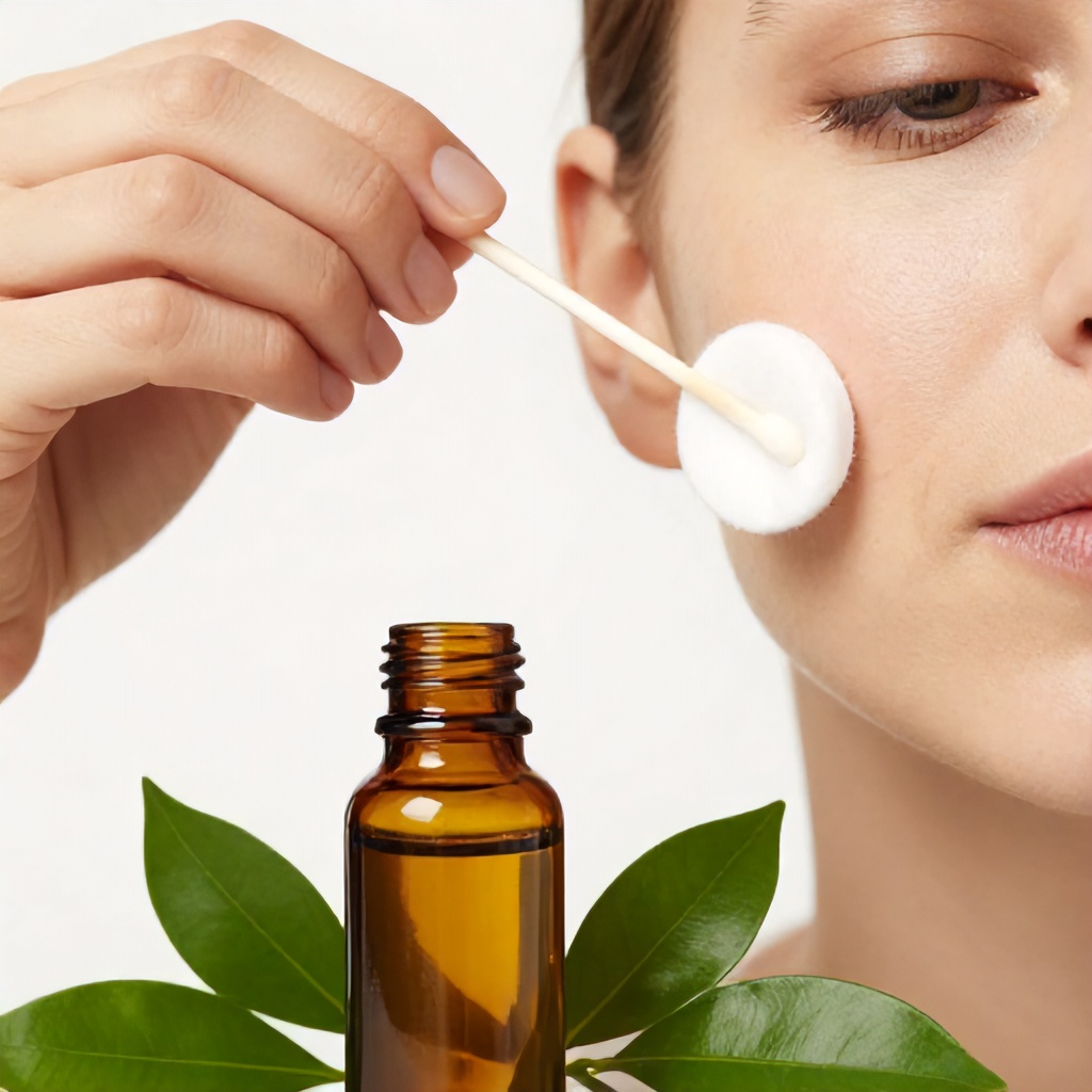 A close-up shot shows a person applying a skincare treatment to a facial blemish using a cotton swab. In the foreground, a small amber glass dropper bottle containing a golden liquid is surrounded by fresh green leaves, suggesting natural ingredients. The bright, clean composition emphasizes a routine focused on skincare and topical blemish management.