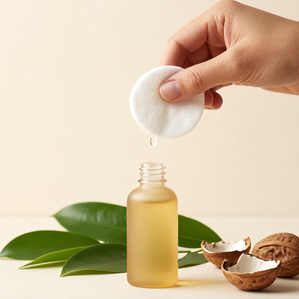 A person is shown applying a drop of facial oil to their skin using a white cotton pad. In the foreground, a golden bottle sits on a surface surrounded by green leaves and raw nut shells. The composition conveys a natural, aesthetic, and skincare-focused mood.