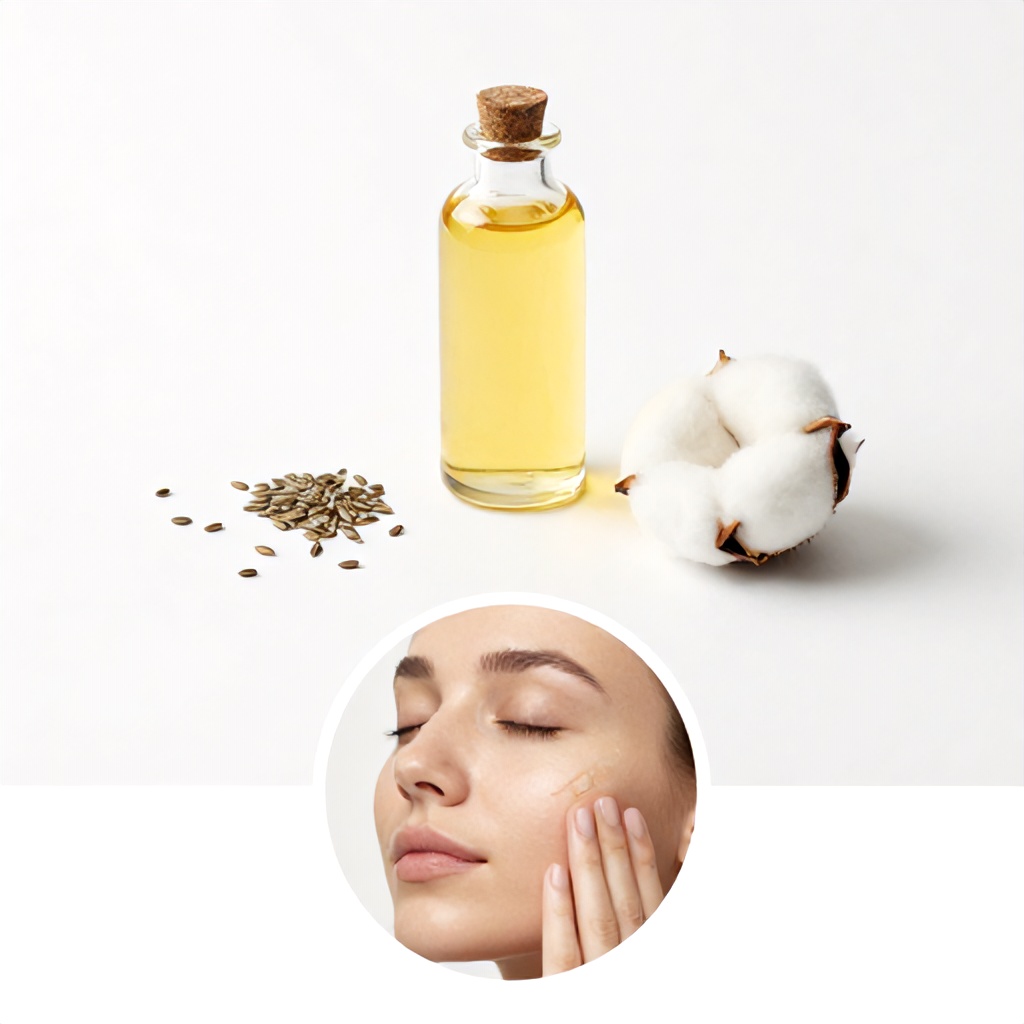 A minimalist beauty scene features a glass bottle filled with golden oil resting on a clean, white surface alongside several small brown seeds and a cotton pad. Below this arrangement, a circular inset shows a person with their eyes closed, gently applying a product to their cheek with their fingertips. The overall aesthetic is bright and serene, evoking a sense of natural skincare and wellness.