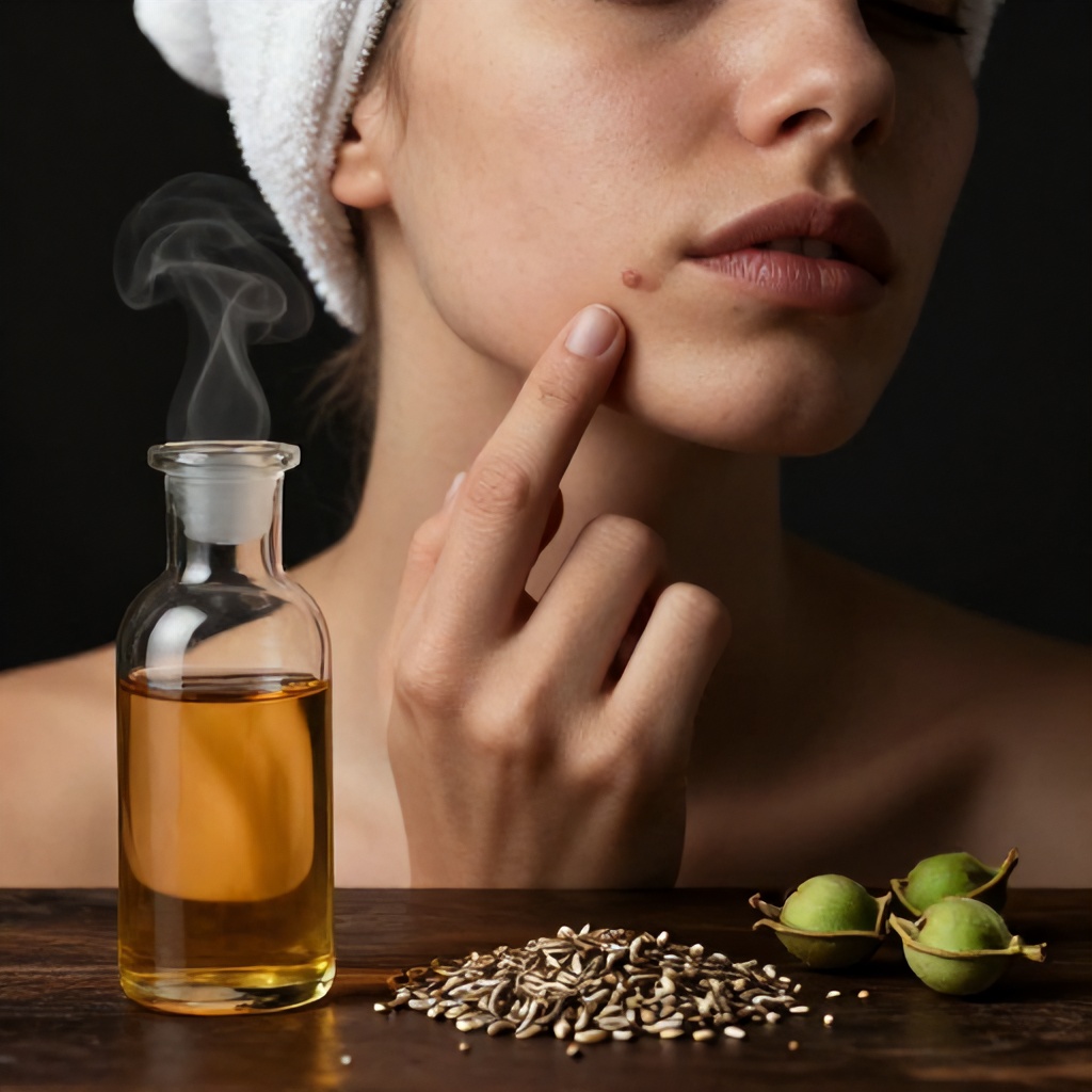 A close-up shot captures a person with a towel wrapped around their head, carefully touching a visible blemish on their chin. In the foreground, a glass bottle filled with a golden, steaming liquid sits on a dark wooden surface alongside a small pile of mottled seeds and small green pods. The moody, low-lit composition focuses on skincare and natural ingredients.