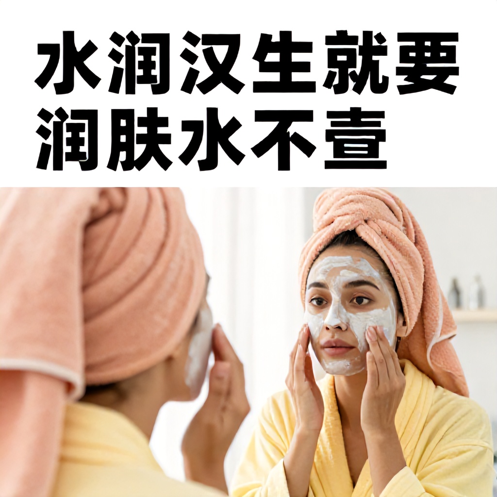 A vertical graphic features bold, capitalized text at the top providing skincare advice. Below, a woman with her hair wrapped in a peach-colored towel and wearing a yellow robe looks into a mirror while applying a white facial treatment to her nose and cheeks. The setting is bright and clean, capturing a focused moment of a personal beauty routine.