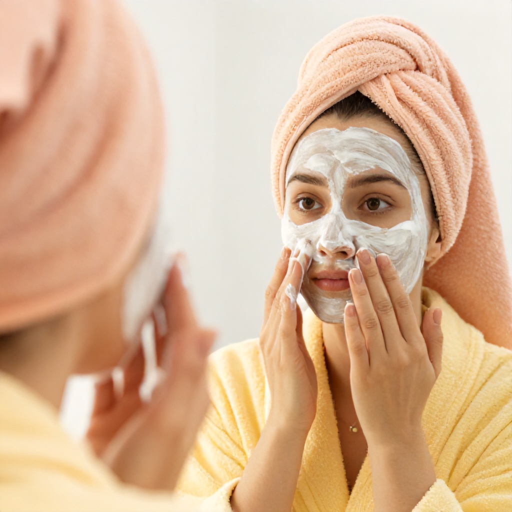 A person wearing a peach-colored hair towel and a yellow robe is shown applying a thick white facial treatment to their nose and cheeks. They are looking into a mirror, with a soft, blurred reflection visible in the foreground to capture the intimacy of a personal skincare routine. The image uses bright, warm lighting and a clean aesthetic to convey a mood of self-care and grooming.