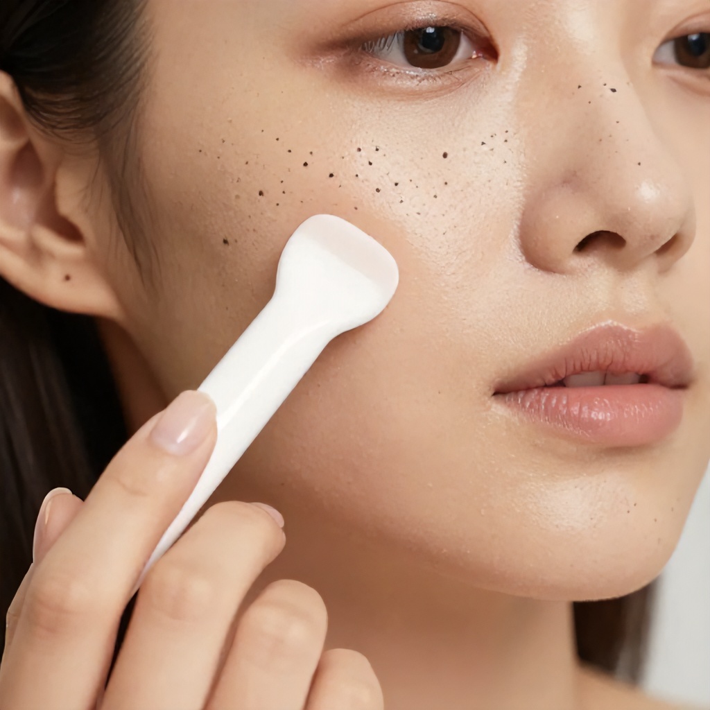 A close-up shot focuses on a person's face, adorned with a scattering of dark and iridescent specks. A fair-skinned hand with perfectly manicured nails delicately holds a white beauty tool against the cheek. The overall mood is one of gentle self-care and subtle glamour.