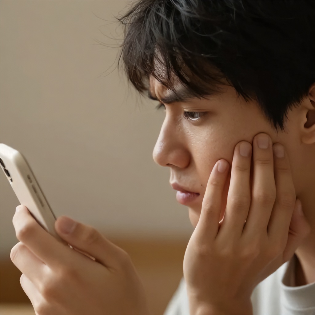 A young person is shown in profile, looking into a light-colored rectangular object held in their hand. Their fingers are touching their cheek, and their brow is furrowed. The background is softly blurred with warm, neutral tones.