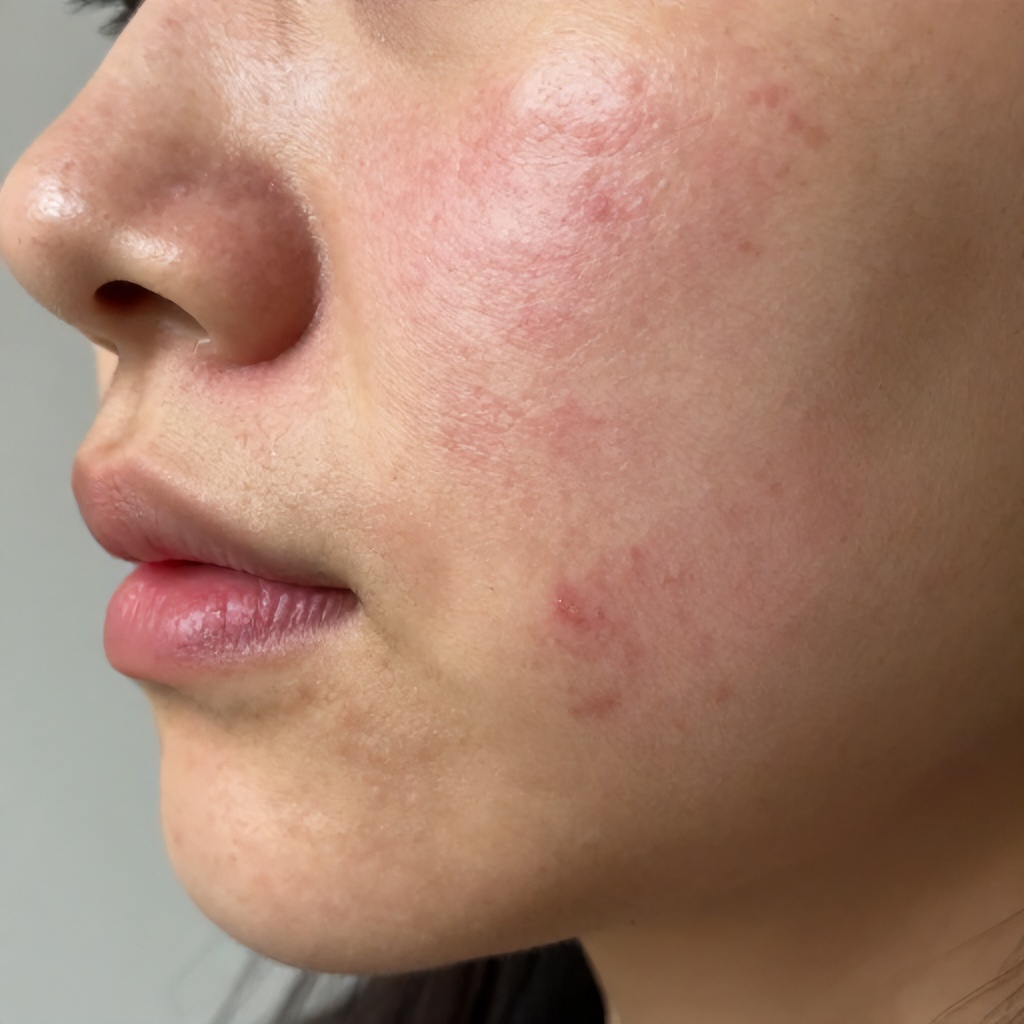 This is a close-up, side-view photograph of a person's lower face. The skin is textured and shows areas of redness and numerous raised blemishes. The lips are partially visible, appearing soft and pink. The overall mood is focused and clinical, highlighting skin imperfections.