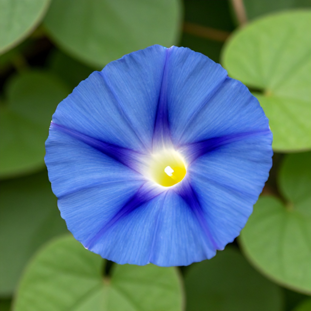 This close-up shot features a vibrant blue morning glory flower in full bloom, highlighted by a glowing yellow center. The soft, natural lighting emphasizes the delicate, trumpet-shaped petals set against a background of lush green foliage. The overall aesthetic is bright and serene, capturing a peaceful moment in a garden setting.