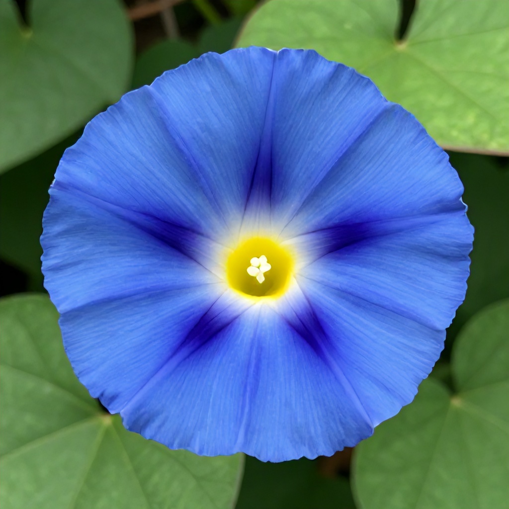 A vibrant blue morning glory flower with a bright yellow center is captured in a close-up shot. The petals feature soft folds and a delicate texture, surrounded by green foliage in the background. The overall composition is bright and natural, focusing on the vivid contrast between the blue bloom and its surroundings.