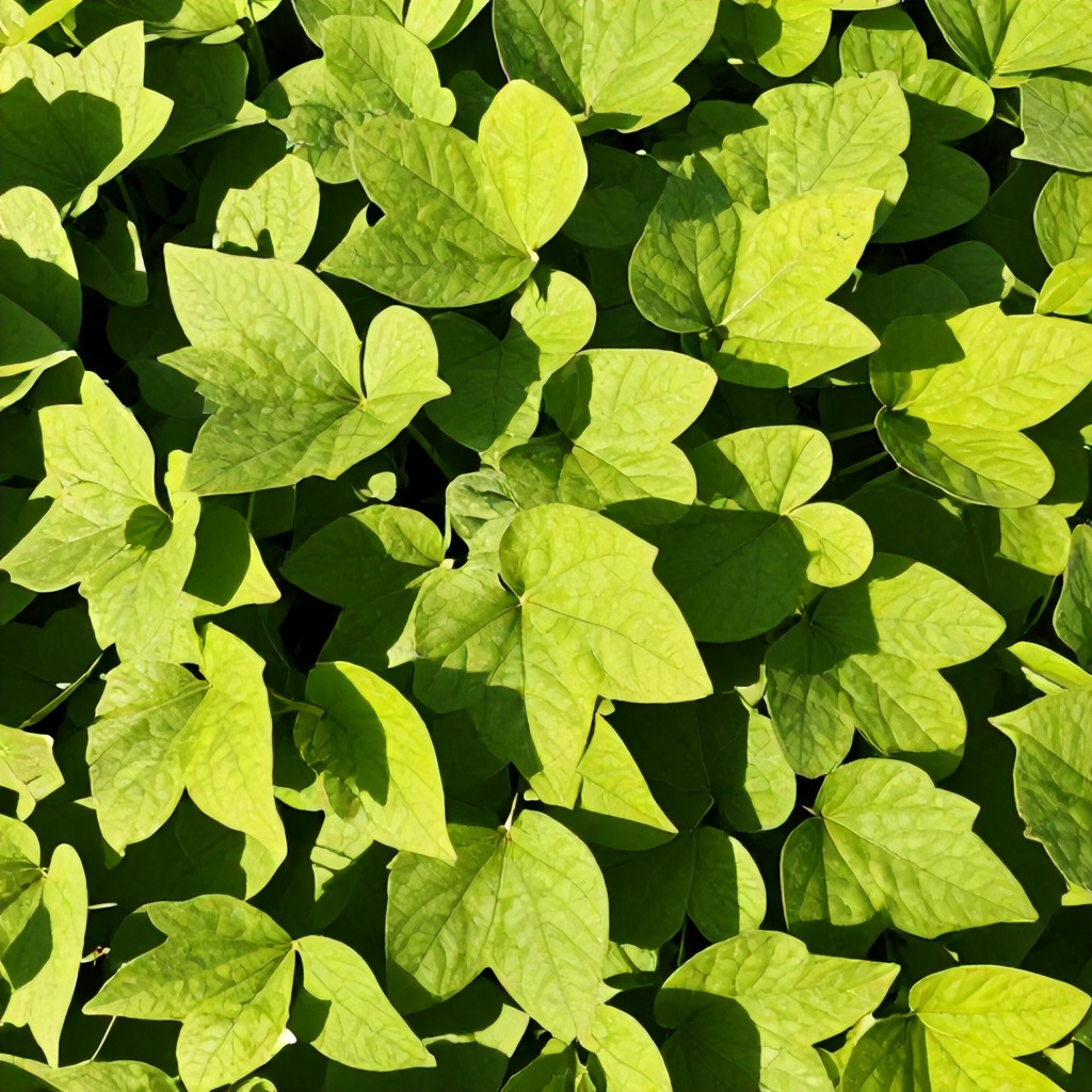 A dense cluster of vibrant green, heart-shaped leaves fills the frame, bathed in warm, bright sunlight. The foliage creates a lush, natural texture with overlapping shapes that suggest a healthy, thriving plant. The overall mood is peaceful, fresh, and organic.