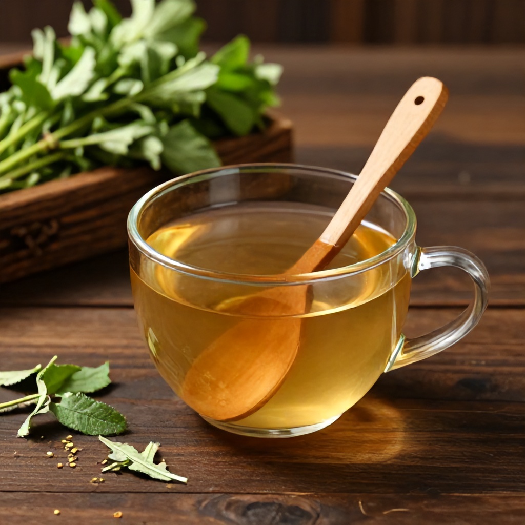 A glass cup filled with golden herbal tea sits on a dark wooden surface, featuring wooden stirrers and a few scattered herb sprigs. To the side, a bundle of fresh green herbs rests in a wooden container, creating a natural and inviting atmosphere. The overall composition evokes a calming, rustic mood centered on the preparation of homemade botanical beverages.