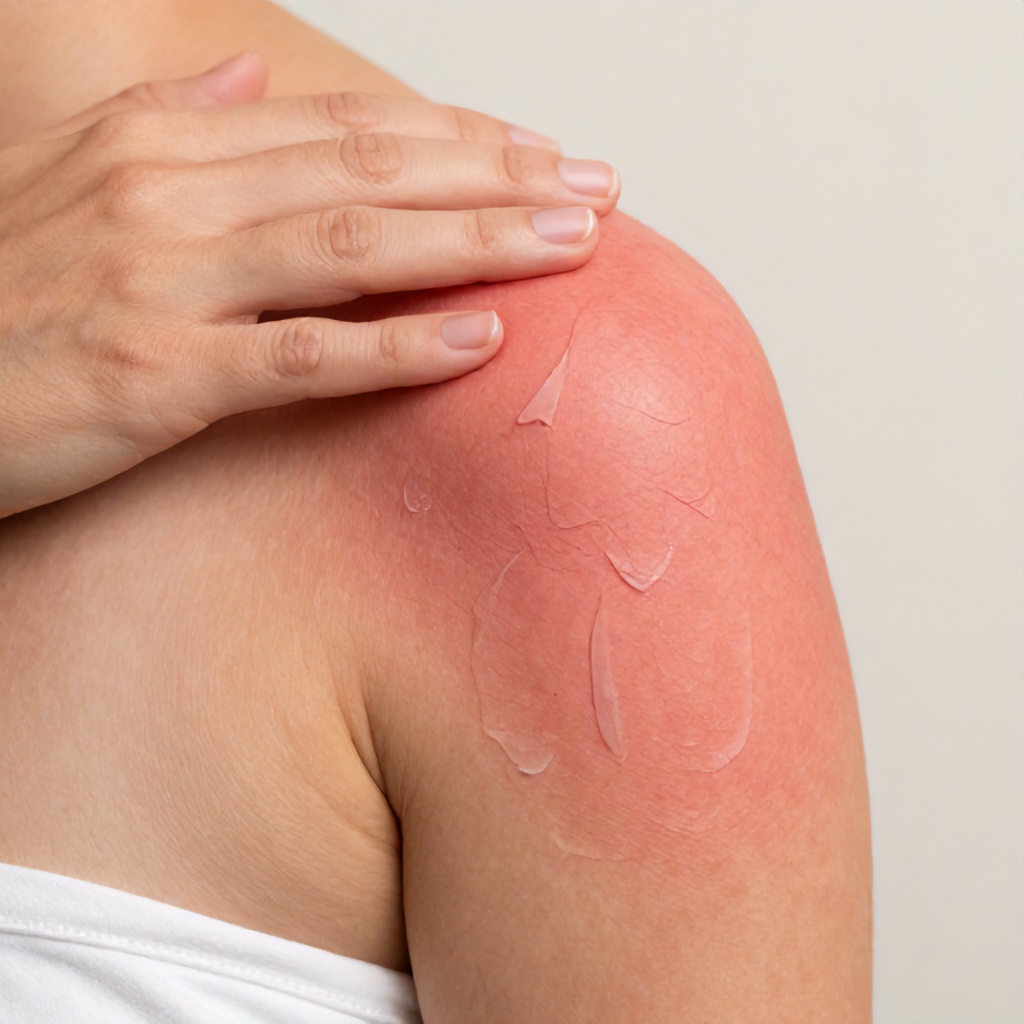 This close-up photograph shows a person’s shoulder and upper arm with a severe, bright red sunburn. The skin is visibly damaged and peeling away in thin, translucent layers across the affected area. A hand is placed gently on the shoulder, emphasizing the texture of the irritated skin against a neutral, light-colored background.
