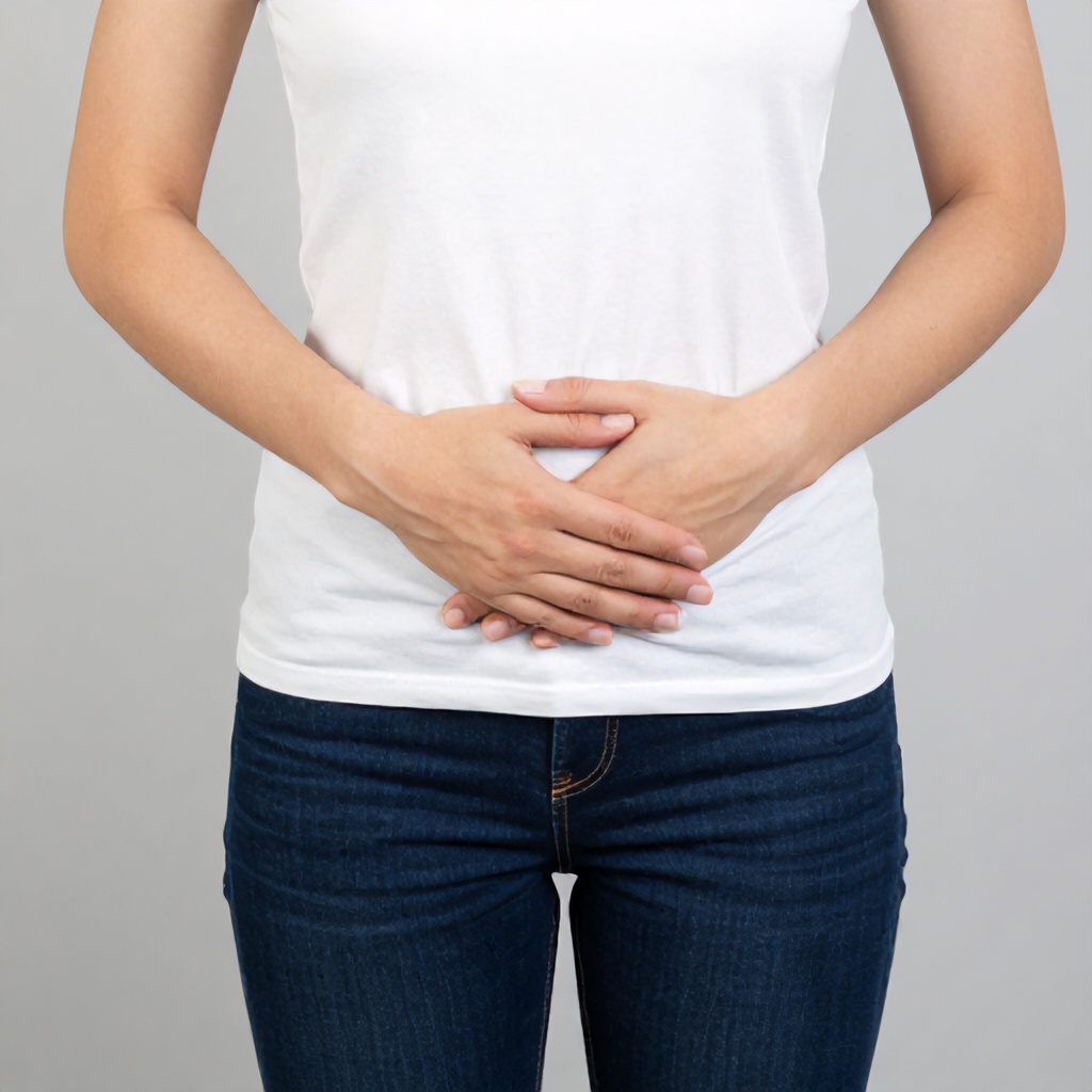 A person wearing a white t-shirt and dark blue jeans stands against a plain, light grey background. They have both hands clasped over their lower pelvic area, suggesting physical discomfort or a health-related issue. The image is captured in a clean, neutral style with bright lighting that focuses on the individual's posture and gesture.