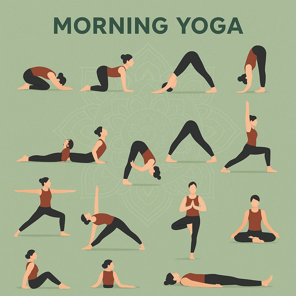 This instructional graphic presents a collection of sixteen illustrated yoga poses arranged in a grid against a muted sage-green background with a subtle mandala pattern. Each pose features a minimalist, flat-style human figure demonstrating a specific stretching or strengthening movement. The overall aesthetic is calm, organized, and focused on wellness, providing a clear visual guide for a morning routine.