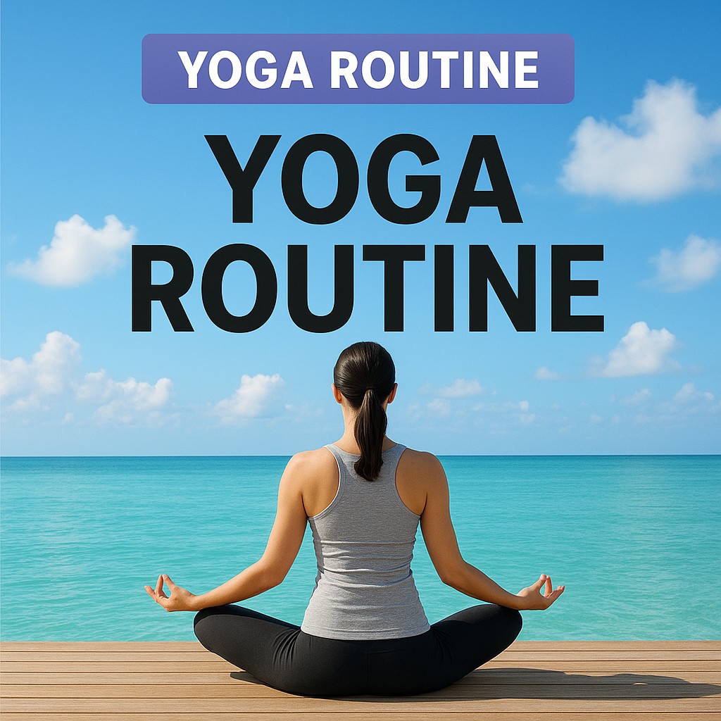 A serene outdoor scene features a woman practicing yoga on a wooden deck beside tranquil turquoise water and a bright blue sky with fluffy clouds. Large, bold black text overlays the sky, announcing a yoga routine. A purple banner with white text also appears in the upper portion of the image.