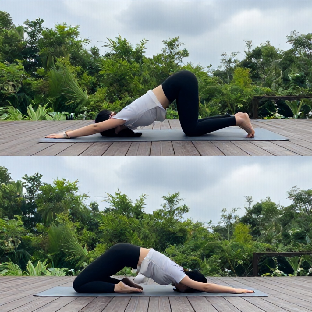 This diptych displays a person performing two yoga poses, cow and cat, on a wooden deck. Lush green foliage and a cloudy sky form the backdrop, suggesting an outdoor setting with a serene and tranquil atmosphere. The poses are executed with fluid grace, highlighting the flexibility and mindfulness of the practice.