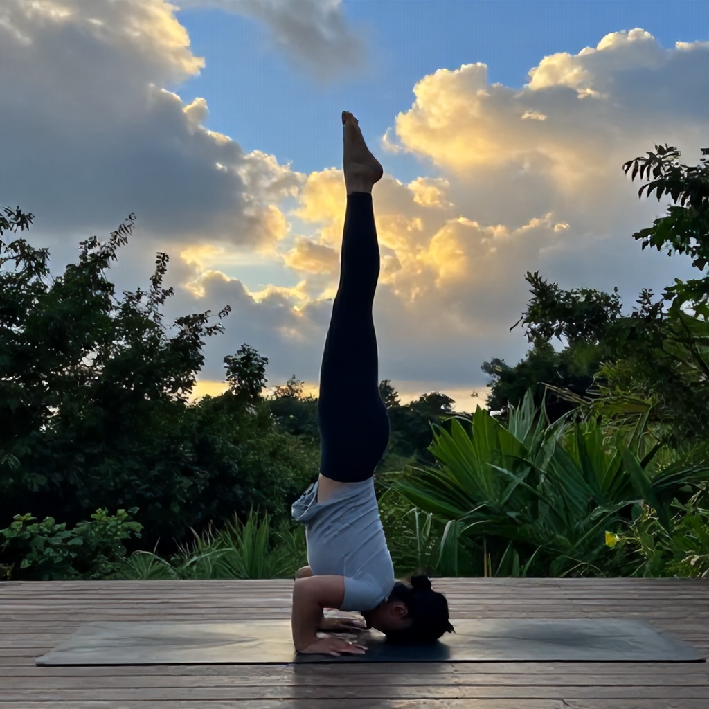 A person is practicing a yoga pose on a wooden deck. The sky above is a mix of blues and yellows with dramatic clouds, suggesting either sunrise or sunset. Lush green foliage surrounds the setting, creating a serene, natural backdrop.