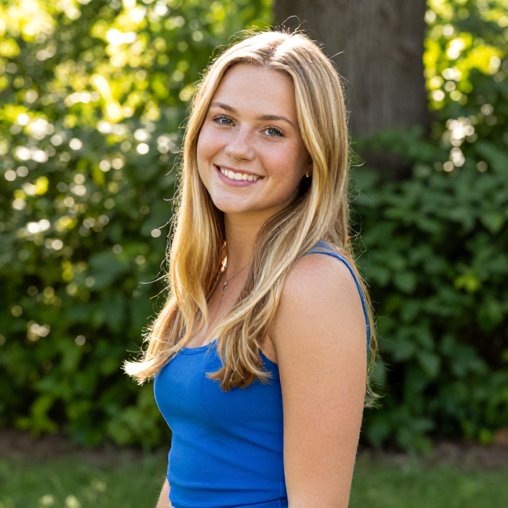 A young woman with long, blonde hair smiles warmly while posing outdoors. She is wearing a bright blue sleeveless top and is positioned against a backdrop of lush green foliage and sunlit trees. The setting creates a relaxed, natural, and cheerful atmosphere.