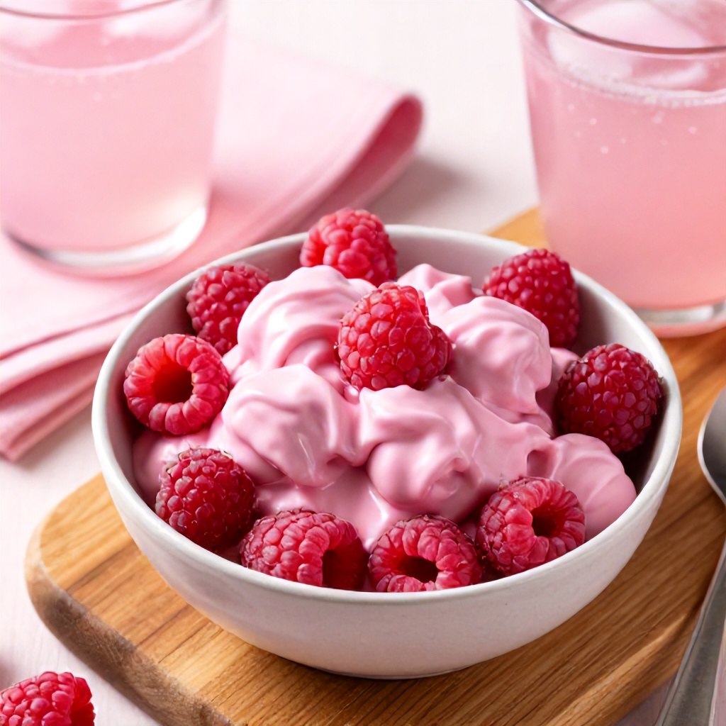 A round, light-colored bowl filled with bright pink, yogurt-covered raspberries sits on a wooden board. Beside the bowl are a pink cloth napkin and glasses filled with a translucent, bubbly liquid, suggesting a refreshing snack or dessert setting. The overall mood is soft, light, and appetizing, with a color palette centered around shades of pink and warm wood tones.