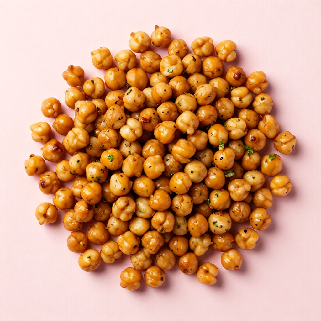 This top-down view shows a generous portion of roasted chickpeas scattered across a soft, muted pink surface. The chickpeas are golden-brown, with varying shades of toasted surfaces, and are seasoned with flecks of fresh green herbs. The overall mood is warm and inviting, showcasing a healthy, textured snack prepared with a simple, rustic aesthetic.