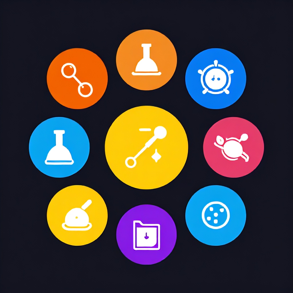 A stylized graphic displays a collection of icons representing various scientific fields, including chemistry, physics, and biology, arranged against a solid dark background. The circular emblems feature a vibrant color palette, including shades of orange, yellow, blue, and purple, to highlight distinct areas of study. This clean and modern design effectively communicates a focus on diverse educational and technical disciplines.