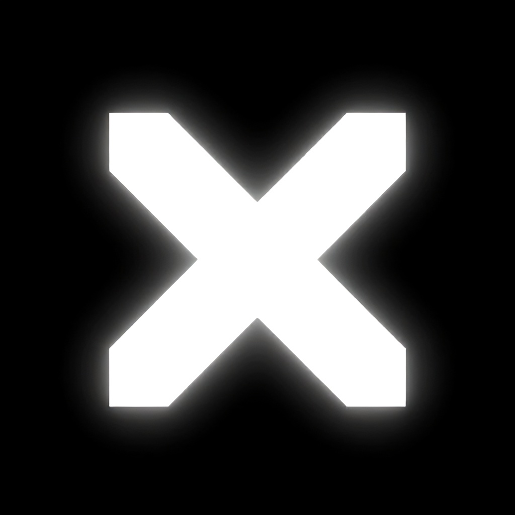 A glowing, white, pixelated "X" shape is centered against a solid black background. The edges of the symbol appear soft and slightly blurred, creating a digital or retro aesthetic.