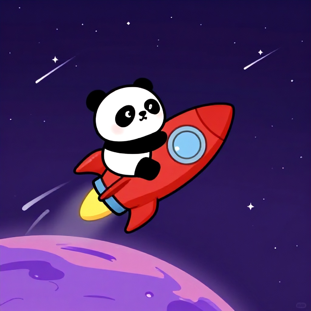 A cartoon illustration depicts a stylized panda character piloting a vibrant red and yellow rocket through outer space. The background is a deep purple night sky filled with small white stars and streaks of light representing shooting stars. Below the rocket, a swirling purple and pink planet dominates the bottom portion of the frame, creating a playful and imaginative celestial scene.