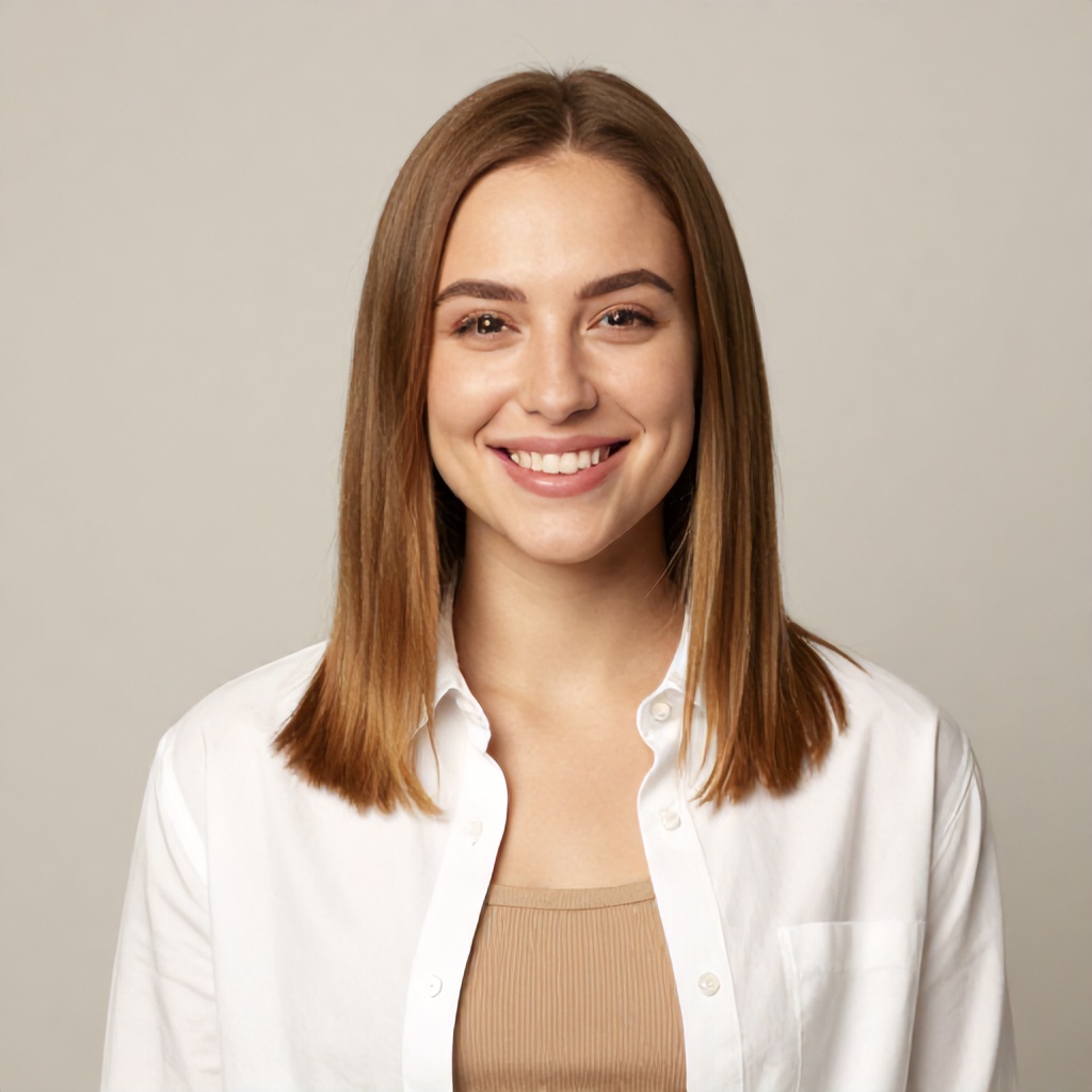 A professional headshot features a young woman with straight, shoulder-length light brown hair smiling warmly. She is wearing a white button-down shirt layered over a tan ribbed top against a plain, neutral background. The soft lighting and her friendly expression create a clean and approachable aesthetic.
