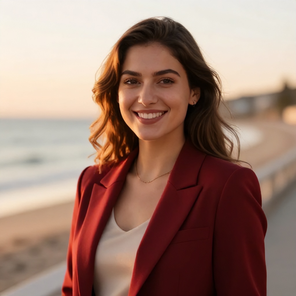 A young woman with long, wavy brown hair smiles warmly at the camera, wearing a deep red blazer over a beige top. She is positioned outdoors against a blurred, soft-focus background that suggests a coastal or beach setting at sunset. The overall mood is professional yet inviting, highlighted by warm, natural golden hour lighting.