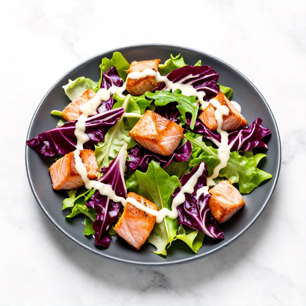A vibrant salad of seared salmon chunks, mixed leafy greens, and radicchio is arranged on a dark grey plate set against a white marble background. The dish is lightly drizzled with a creamy dressing, creating a fresh and appetizing presentation. The high-contrast color palette of deep purples, bright greens, and golden orange tones gives the image a clean, contemporary aesthetic.