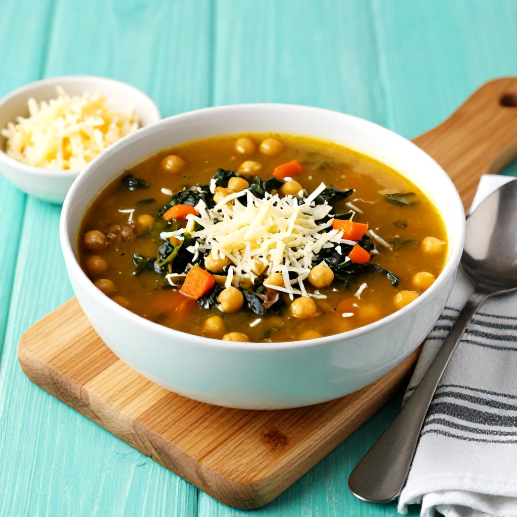 A white bowl filled with a vibrant vegetable and meat soup is centered on a wooden cutting board, topped with a generous sprinkle of grated cheese. The soup features chickpeas, dark greens, and diced carrots in a warm, amber-colored broth, accompanied by a side dish of cheese, a spoon, and a striped napkin. The entire setup is displayed against a bright, textured teal background, creating a cozy and appetizing atmosphere.