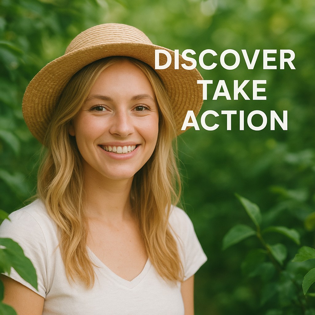 A woman with blonde hair, wearing a straw hat and a white top, smiles warmly amidst lush green foliage. The background is a soft blur of green leaves, creating a natural and serene atmosphere. Text overlaid on the image encourages discovery and positive action.