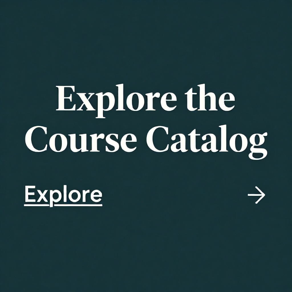 A heading in white serif font reads "Explore the Course Catalog". Below it, a link in a lighter shade of white with an underlined word "Explore" is followed by a rightward-pointing arrow icon. The background is a deep, muted teal color.