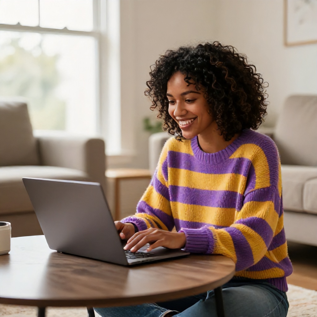 A woman with curly hair smiles while typing on a laptop placed on a circular coffee table. She wears a striped sweater in shades of purple and yellow, sitting on the floor in a sunlit room. The setting appears to be a comfortable living space with a large window and neutral-toned furnishings.