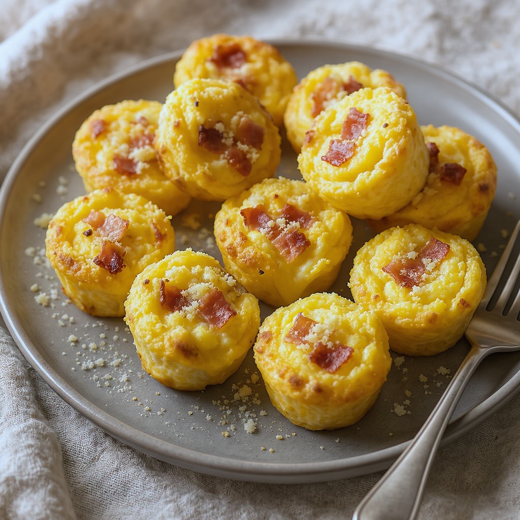 A collection of small, round egg muffins filled with savory bacon and melted cheese is arranged on a dark gray plate. The bites have a golden, lightly browned surface and are sprinkled with fine crumbs of cheese. Set against a soft, textured linen background with a silver fork beside them, the scene evokes a cozy and wholesome breakfast setting.