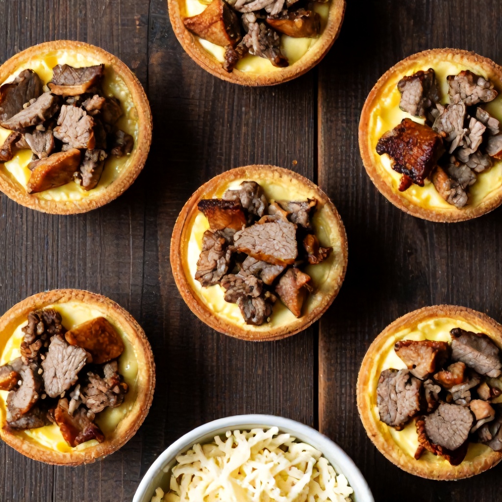 An overhead view displays several crustless egg bites arranged on a dark, rustic wooden surface. Each bite-sized portion is cooked to a light golden-brown and filled with savory pieces of meat, creating a warm and appetizing appearance. A small bowl filled with shredded white cheese is partially visible at the bottom of the frame, adding a fresh element to the wholesome breakfast scene.