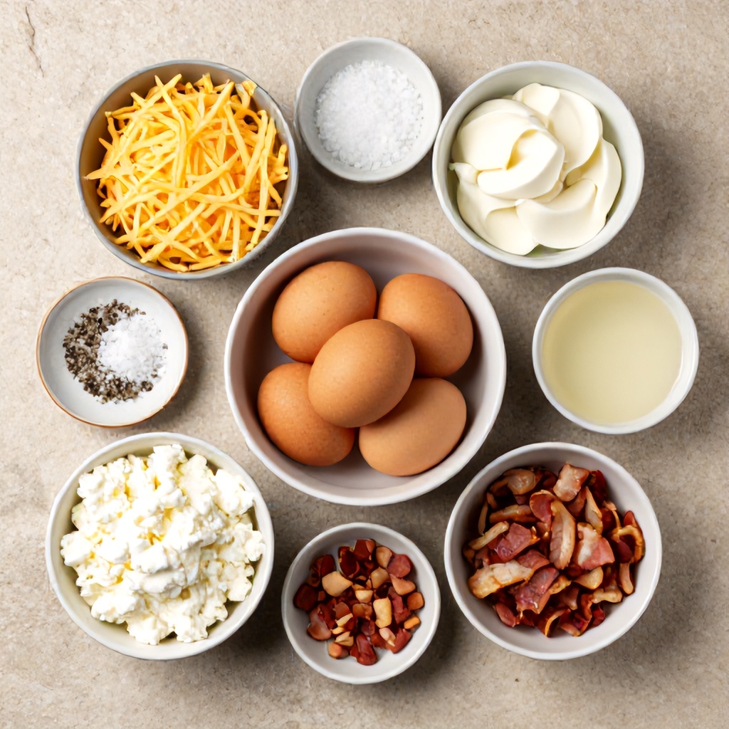 This top-down photograph displays various fresh ingredients arranged in individual bowls on a textured, neutral-toned stone surface. A large bowl filled with several raw eggs sits at the center, surrounded by smaller containers of shredded cheese, cottage cheese, and crispy bacon bits. The organized scene is completed with a small dish of salt and pepper alongside a bowl of light-colored liquid, evoking a clean and ready-to-cook mood.