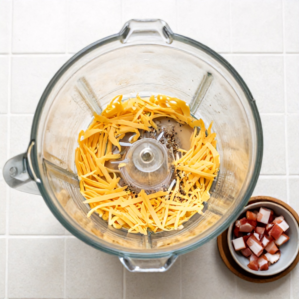 An overhead view shows the interior of a clear blender jar filled with shredded cheese, a liquid base, and seasonings like ground black pepper. Next to the blender on a light-colored tiled surface sits a small wooden dish containing chopped bacon and a ceramic bowl. The scene is brightly lit, creating a clean and functional atmosphere for food preparation.